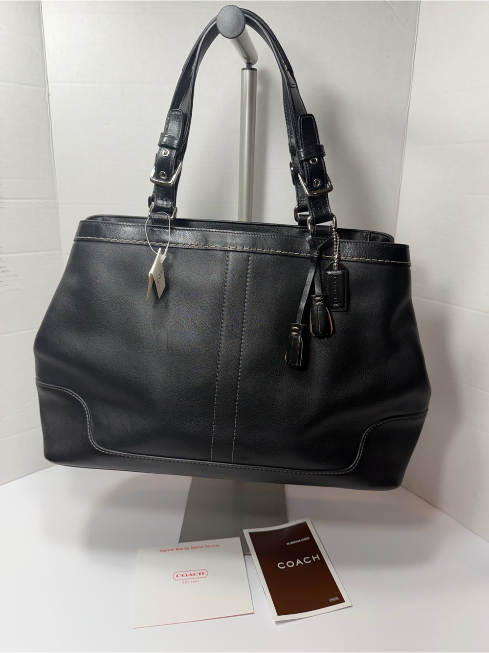NWT vintage Coach Black Leather Tote Bag with Double Handles